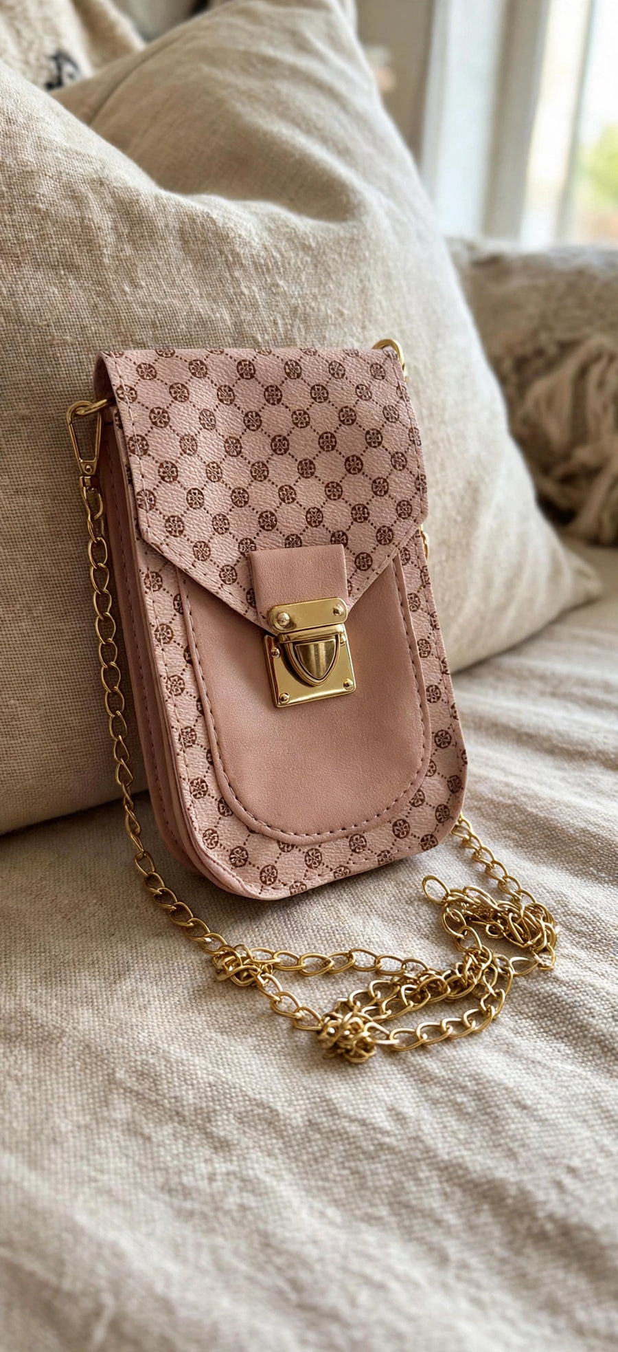 Pink Monogram Mini Crossbody Bag - Small Phone Pouch with Gold Chain - Faux Leather