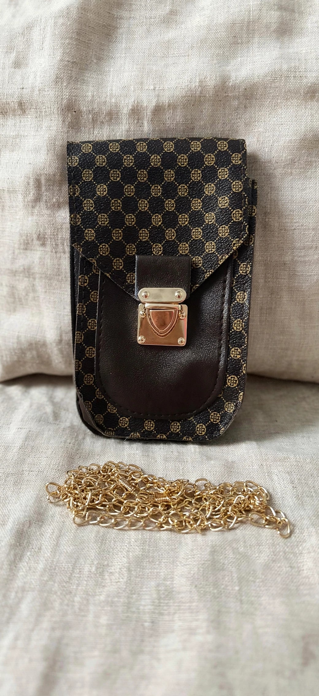 Brown Monogram Phone Pouch Bag | Mini Crossbody Chain Bag Gold Clasp Small Purse