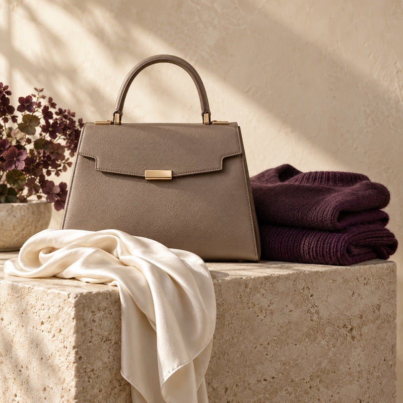 Taupe handbag with plum knitwear and an ivory scarf