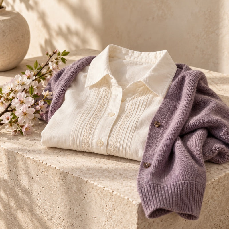 Ivory blouse with lilac knitwear and pale blossoms