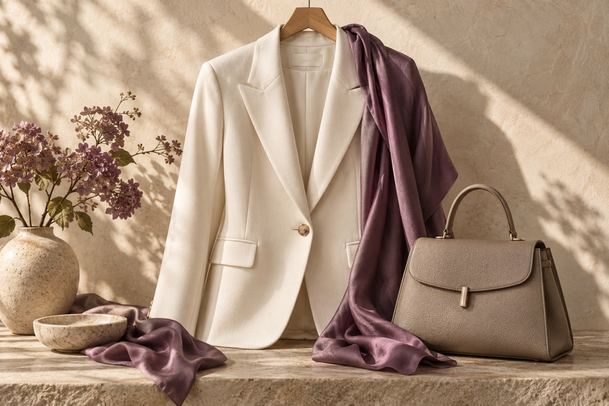 Ivory blazer with a plum scarf and taupe handbag